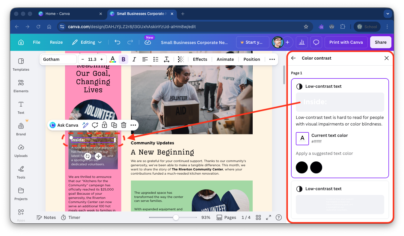 Canva showing a low color contrast alert. The color contrast pane is highlighted with a red box, and there is a red arrow pointing to a red dashed box highlighting the element under consideration. The element is white text over a dark photograph.